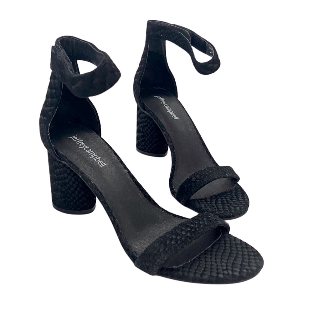 Jeffrey Campbell Laura‎ Genuine Leather Black Textured Block Heels Sandals 8.5